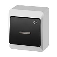 FAMATEL GALATEA Tlačítko podsvětlené symbol světlo č.1/0So 10A 230V na omítku IP44 bílá/černá