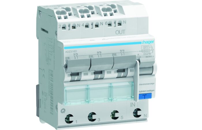 HAGER Chránič 16B/3x1P+N/0,03 A ADZ316D, bezšroubové svorky