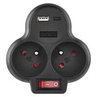 ZÁSUVKA ROZB. ČERNÁ 2×,VYP., 1×USB-A+1×U