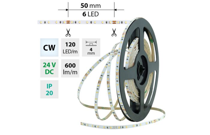 MCLED Pásek LED SMD2216 CW, 120LED/m, 7,2W/m, 600lm/m, IP20, DC 24V, 4mm, 5m