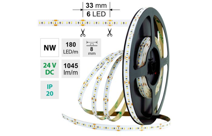 MCLED Pásek LED SMD2216 NW, 180LED/m, 12W/m, DC 24V, 1045lm/m, CRI90, IP20, 8mm, 5m