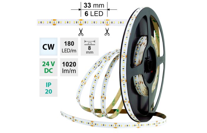 MCLED Pásek LED SMD2216 CW, 180LED/m, 12W/m, 1020lm/m, IP20, DC 24V, 8mm, 5m