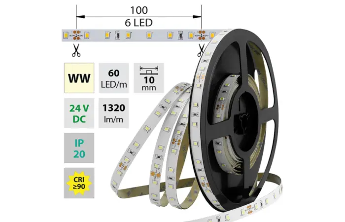 MCLED Pásek LED SMD2835 WW, 60LED/m, 14,4W/m, 1224lm/m, IP20, DC 24V, 10mm, 5m