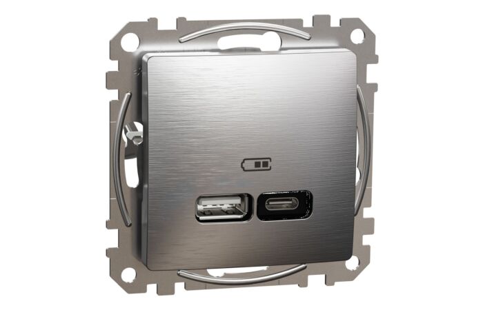 SCHNEIDER Sedna Design & Elements Dvojitá nabíječka USB A+C, 2,4 A, 21 W, Leštěný Hliník