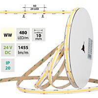 MCLED Pásek LED COB WW, 480LED/m, 15W/m, DC 24V, 1455lm/m, CRI90, IP20, 10mm, 5m