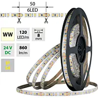 MCLED Pásek LED SMD2835 WW, 120LED/m, 9,6W/m, DC 24V, 610lm/m, CRI90, IP54, 8mm, 5m