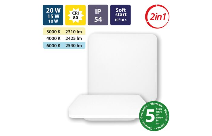 MCLED Svítidlo LED Cebbin S20  10/15/20W 2310lm/3000K 2425lm/4000K 2540lm/6000K, 150°, s přepínáním výkonu, IP54