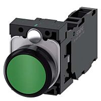 SIEMENS Tlačítko, 22 mm, kulaté, plast, zelená, knoflík stiskací, 1 NO + 1 NC