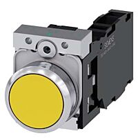 SIEMENS Tlačítko, 22 mm, kulaté, kov, s vysokým leskem, žlutá barva, knoflík stiskací, 1 NO + 1 NC