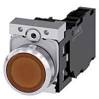 SIEMENS Tlačítko, osvětlené, 22 mm, kulaté, kov, s vysokým leskem, amber knoflík stiskací, 1 NO + 1 NC