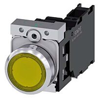 SIEMENS Tlačítko, osvětlené, 22 mm, kulaté, kov, s vysokým leskem, žlutá barva, 1 NO + 1 NC