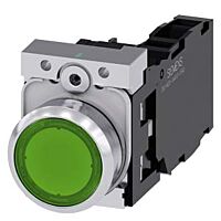 SIEMENS Tlačítko, osvětlené, 22 mm, kulaté, kov, s vysokým leskem, zelená, 1 NO + 1 NC