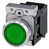 SIEMENS Tlačítko, osvětlené, 22 mm, kulaté, kov, s vysokým leskem, zelená, 1 NO