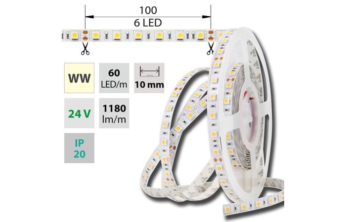 MCLED Pásek LED SMD5050 WW, 60LED/m, 14,4W/m, DC 24V, 1152lm/m, IP20, 10mm, 50m