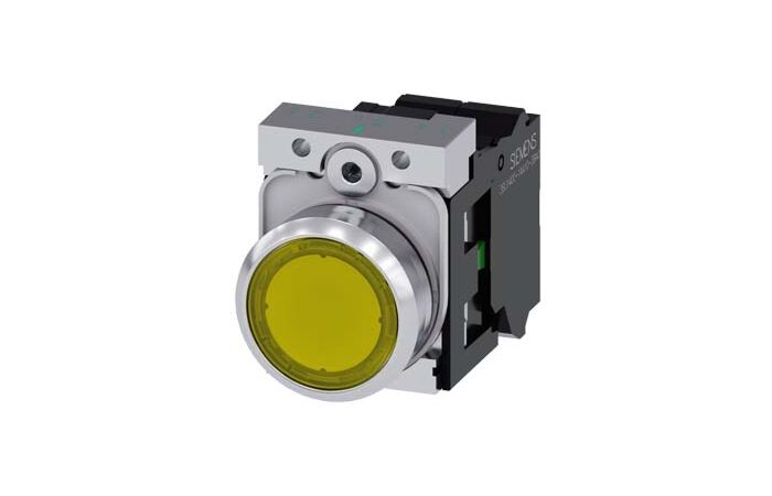 SIEMENS Tlačítko, osvětlené, 22 mm, kulaté, kov, s vysokým leskem, žlutá barva, knoflík stiskací, 1 NO
