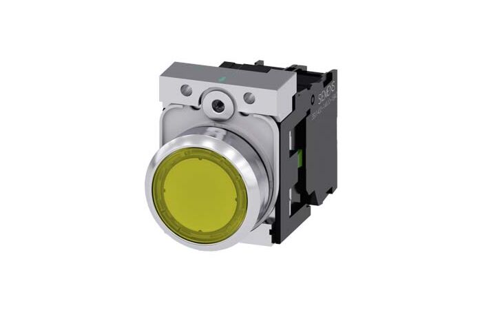 SIEMENS Tlačítko, osvětlené, 22 mm, kulaté, kov, s vysokým leskem, žlutá barva, knoflík stiskací, 1 NO