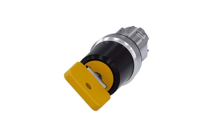 SIEMENS Spínač klíčový O.M.R 22 mm, kulatý, kov, s vysokým leskem, žlutá barva, vytažení klíče O