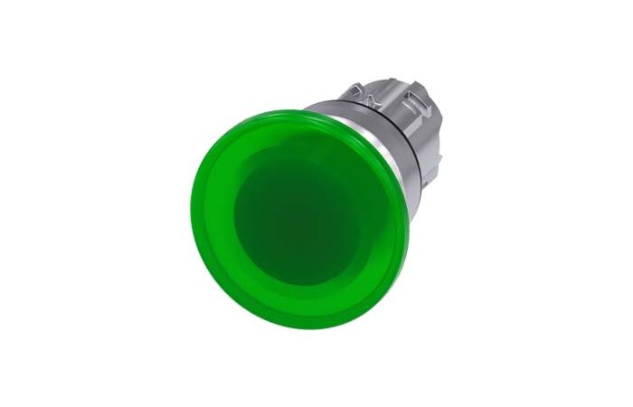 SIEMENS Tlačítko hřibové, osvětlené, 22 mm, kulaté, kov, s vysokým leskem, zelená, 40 mm