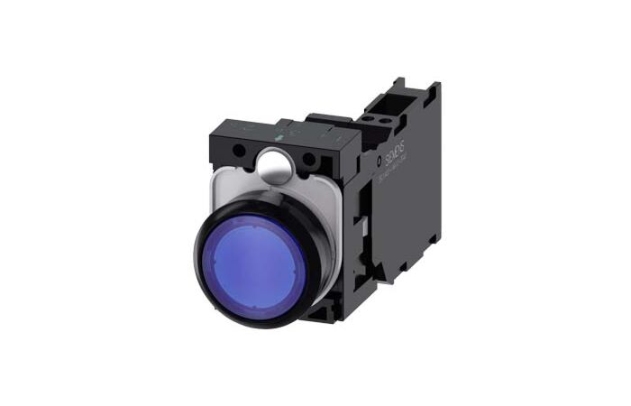 SIEMENS Tlačítko, osvětlené, 22 mm, kulaté, plast, modrá, 1 NO + 1 NC, AC/DC 24V