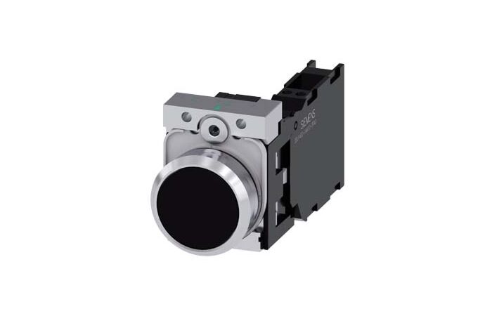 SIEMENS Tlačítko, 22 mm, kulaté, kov, s vysokým leskem, černá barva, knoflík stiskací, 1 NO + 1 NC