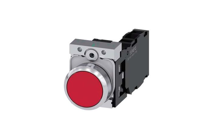 SIEMENS Tlačítko, 22 mm, kulaté, kov, s vysokým leskem, červená, knoflík stiskací, 1 NO + 1 NC