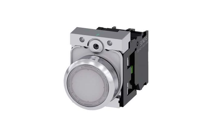 SIEMENS Tlačítko, osvětlené, 22 mm, kulaté, kov, s vysokým leskem, bílá, knoflík stiskací, 1 NO