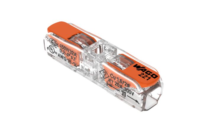 WAGO Svorka krabicová 221-2411 inline páčková spojovací pro všechny druhy vodičů 2 x 4 mm², oranžová/transparentní