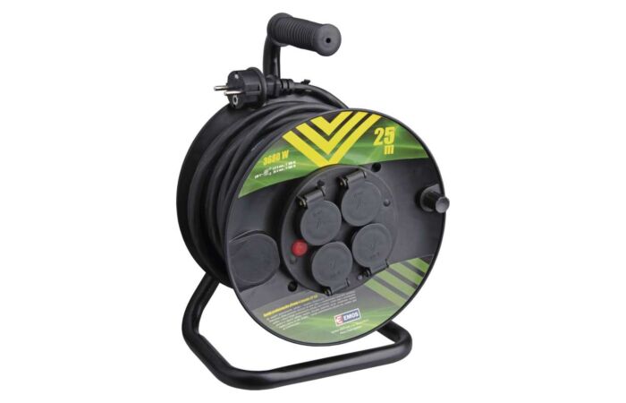 EMOS Přívod prodlužovací 25m zásuvky 4x230V/16A na bubnu IP44 černá (H05RRF3G 3x1,5)