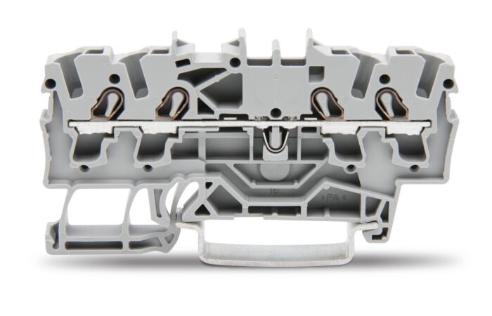 WAGO Svorka 2002-1401 4vodičová průchozí, boční a středový popis, na DIN lištu 35 × 15 a 35 × 7,5, push-in CAGE CLAMP®, 2,50 mm², šedá