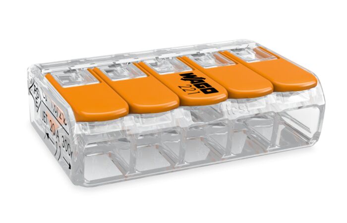 WAGO Svorka krabicová 221-415 páčková spojovací pro všechny druhy vodičů 5 x 4 mm², oranžová/transparentní