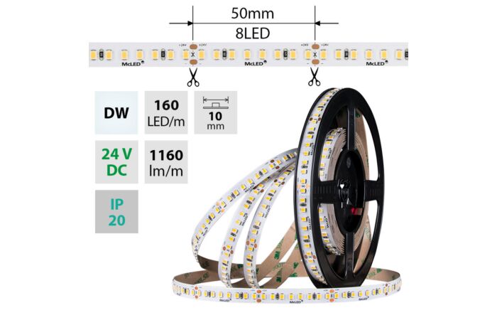 MCLED Pásek LED SMD2835 DW, 160LED/m, 9W/m, DC 24V, 1160lm/m, CRI90, IP20, 10mm, 5m
