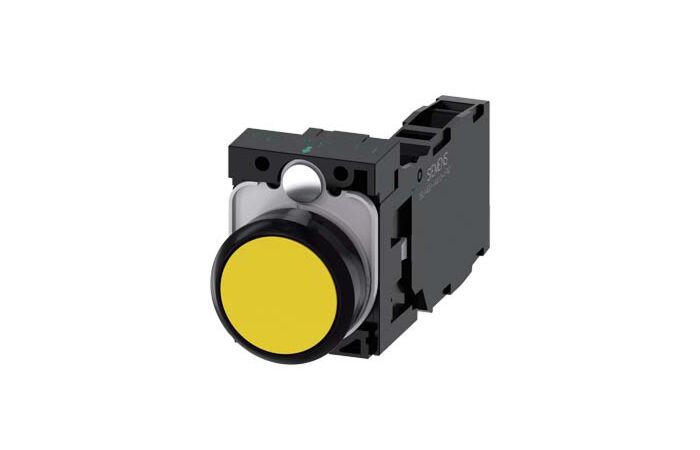 SIEMENS Tlačítko, 22 mm, kulaté, plast, žlutá barva, knoflík stiskací, 1 NO + 1 NC