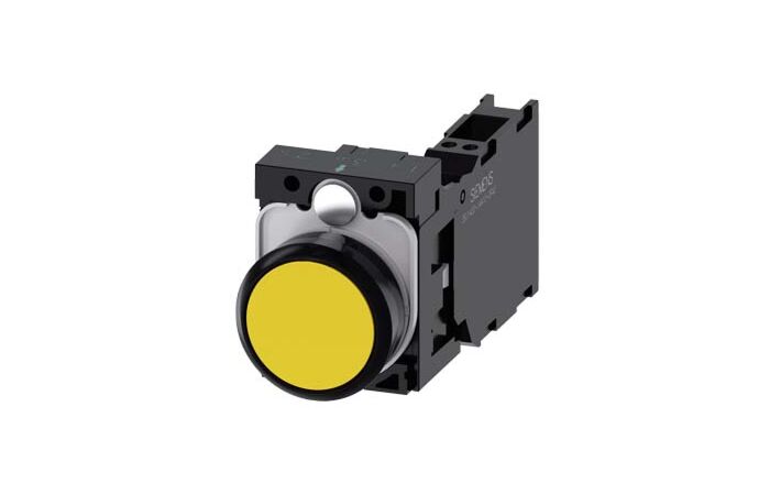 SIEMENS Tlačítko, 22 mm, kulaté, plast, žlutá barva, knoflík stiskací, 1 NO + 1 NC