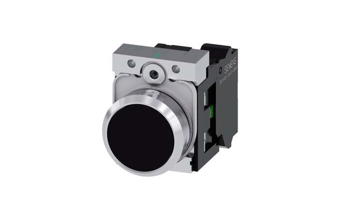 SIEMENS Tlačítko, 22 mm, kulaté, kov, s vysokým leskem, černá barva, knoflík stiskací, 1 NO