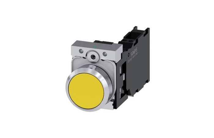 SIEMENS Tlačítko, 22 mm, kulaté, kov, s vysokým leskem, žlutá barva, knoflík stiskací, 1 NO + 1 NC