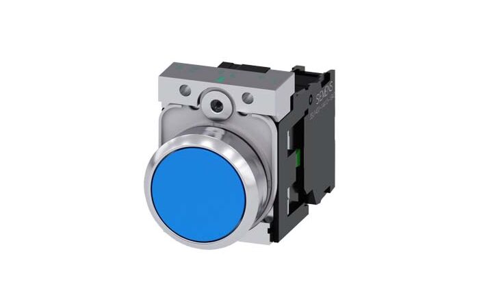 SIEMENS Tlačítko, 22 mm, kulaté, kov, s vysokým leskem, modrá, knoflík stiskací, 1 NO