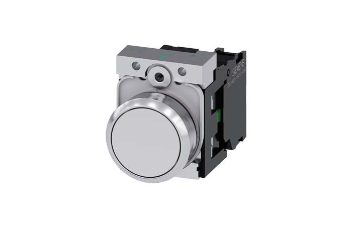 SIEMENS Tlačítko, 22 mm, kulaté, kov, s vysokým leskem, bílá, knoflík stiskací, 1 NO