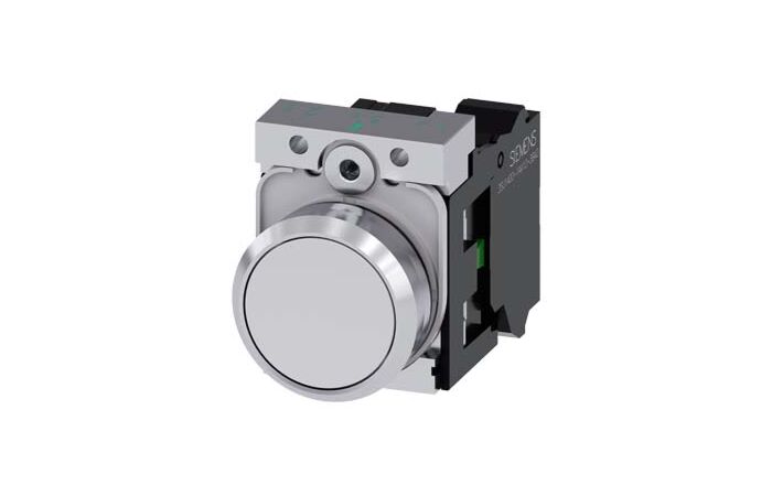 SIEMENS Tlačítko, 22 mm, kulaté, kov, s vysokým leskem, bílá, knoflík stiskací, 1 NO