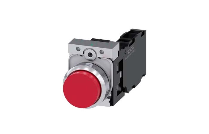 SIEMENS Tlačítko, 22 mm, kulaté, kov, s vysokým leskem, červená, knoflík stiskací, 1 NO + 1 NC