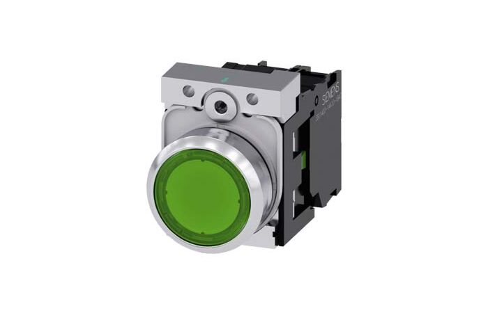 SIEMENS Tlačítko, osvětlené, 22 mm, kulaté, kov, s vysokým leskem, zelená, knoflík stiskací, 1 NO