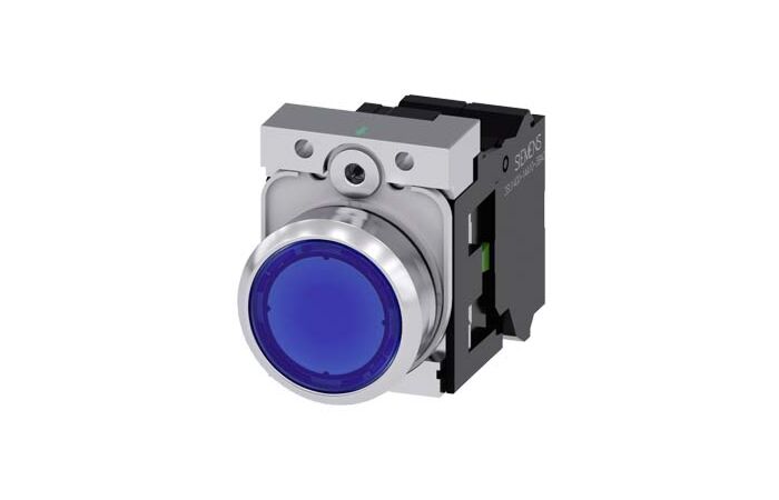 SIEMENS Tlačítko, osvětlené, 22 mm, kulaté, kov, s vysokým leskem, modrá, knoflík stiskací, 1 NO