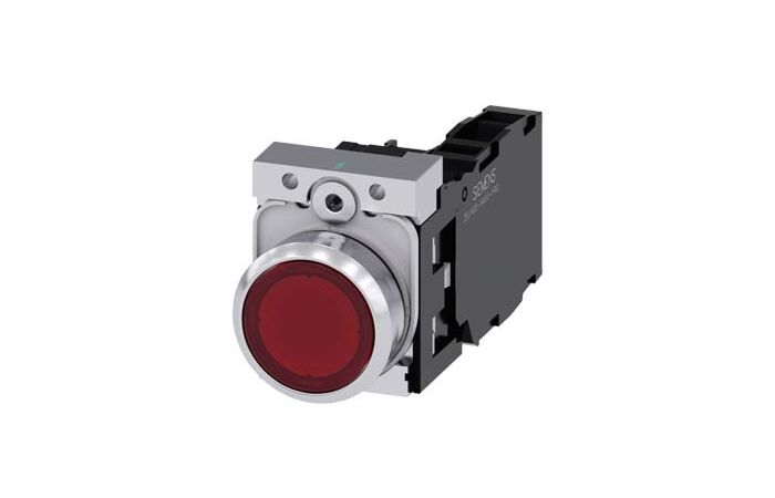 SIEMENS Tlačítko, osvětlené, 22 mm, kulaté, kov, s vysokým leskem, červená, knoflík stiskací, 1 NO + 1 NC