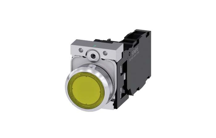 SIEMENS Tlačítko, osvětlené, 22 mm, kulaté, kov, s vysokým leskem, žlutá barva, knoflík stiskací, 1 NO + 1 NC