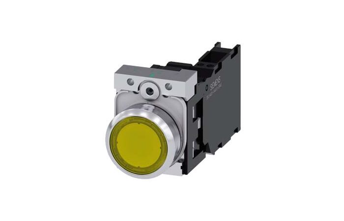 SIEMENS Tlačítko, osvětlené, 22 mm, kulaté, kov, s vysokým leskem, žlutá barva, knoflík stiskací, 1 NO + 1 NC