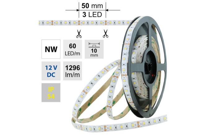 MCLED Pásek LED SMD2835 NW, 60LED/m, 14,4W/m, 1296lm/m, IP54, DC 12V, 10mm, 5m