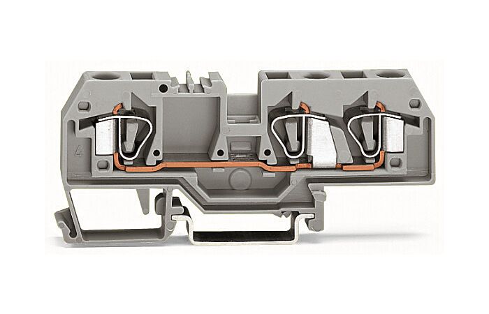 WAGO Svorka 282-681 3vodičová, průchozí, na DIN lištu 35 × 15 a 35 × 7,5, CAGE CLAMP®, 6 mm², šedá