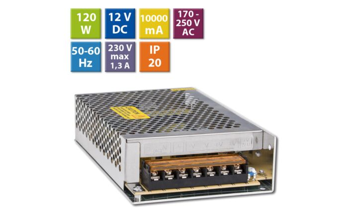MCLED Napaječ LED 120W, DC12V/10A, IP20, kovové provedení