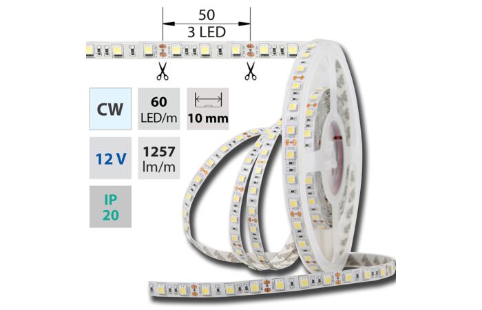 MCLED Pásek LED SMD5050 CW, 60LED/m, 14,4W/m, DC 12V, 1515lm/m, IP20, 10mm, 50m