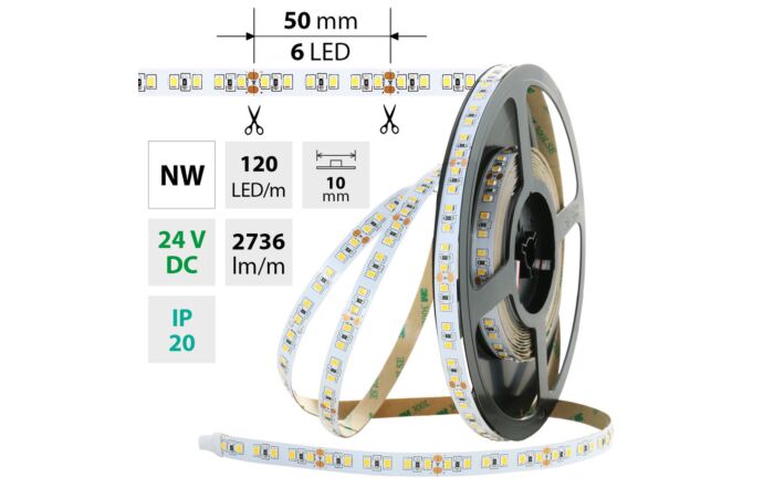 MCLED Pásek LED SMD2835 NW, 120LED/m, 28,8W/m, DC 24V, 2736lm/m, CRI90, IP20, 10mm, 50m