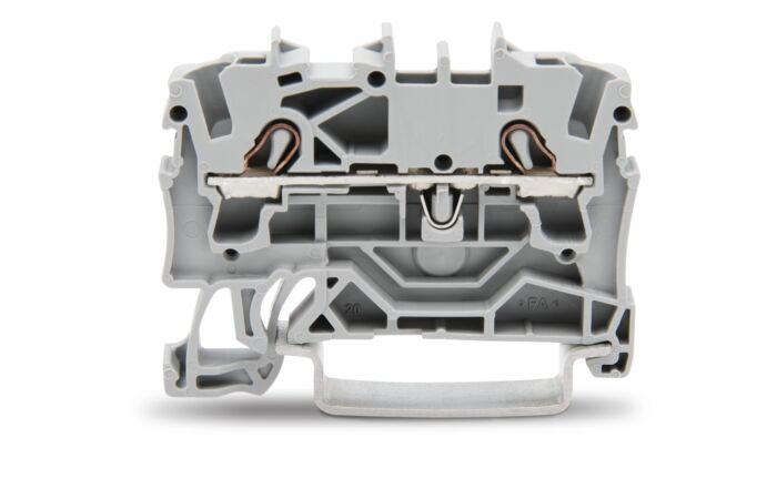 WAGO Svorka 2002-1201 2vodičová průchozí, boční a středový popis, na DIN lištu 35 × 15 a 35 × 7,5, push-in CAGE CLAMP®, 2,50 mm², šedá